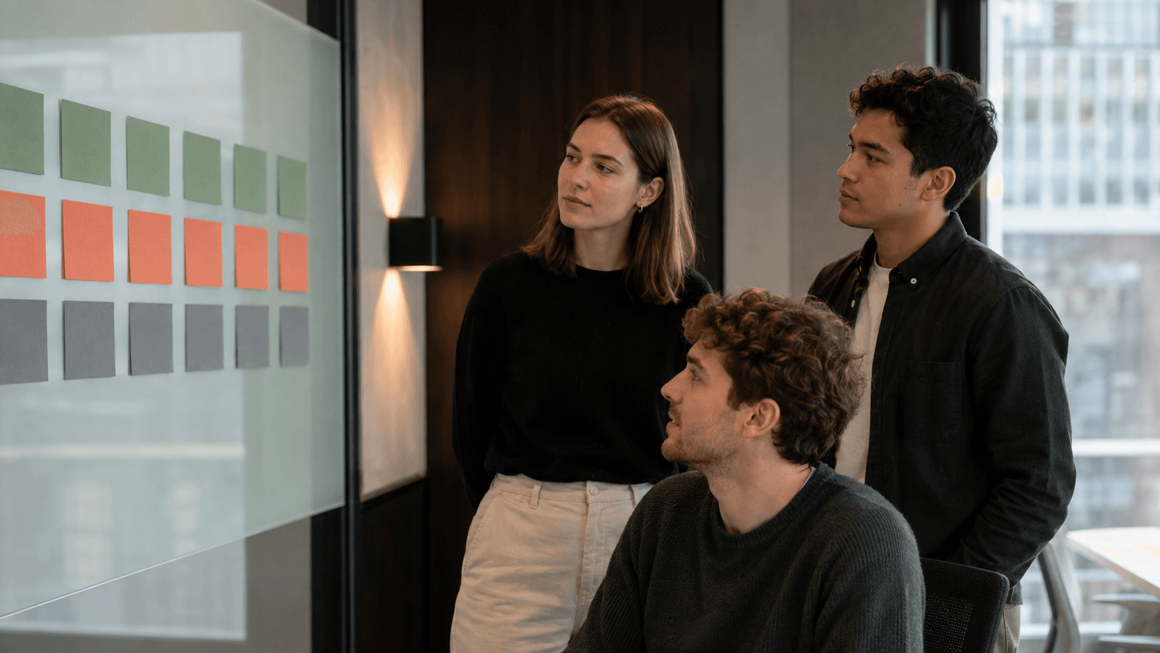Three colleagues study a colour-coded CRM migration decision wall before moving data.