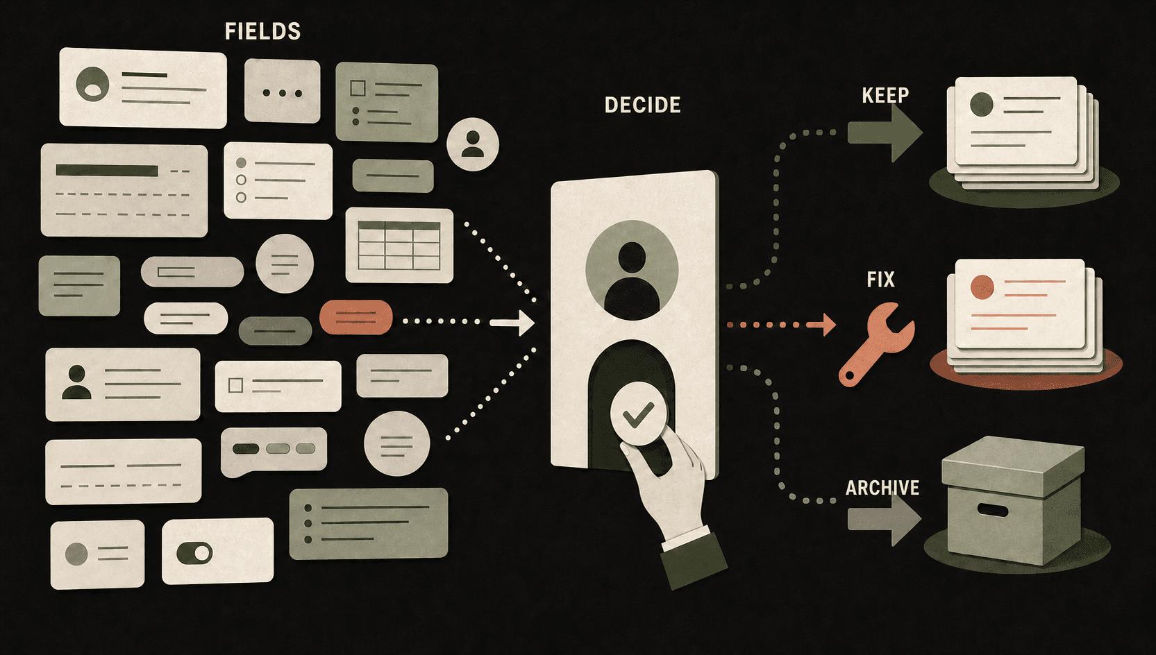 CRM source fields pass through a decision gate and become keep, fix, or archive outcomes.