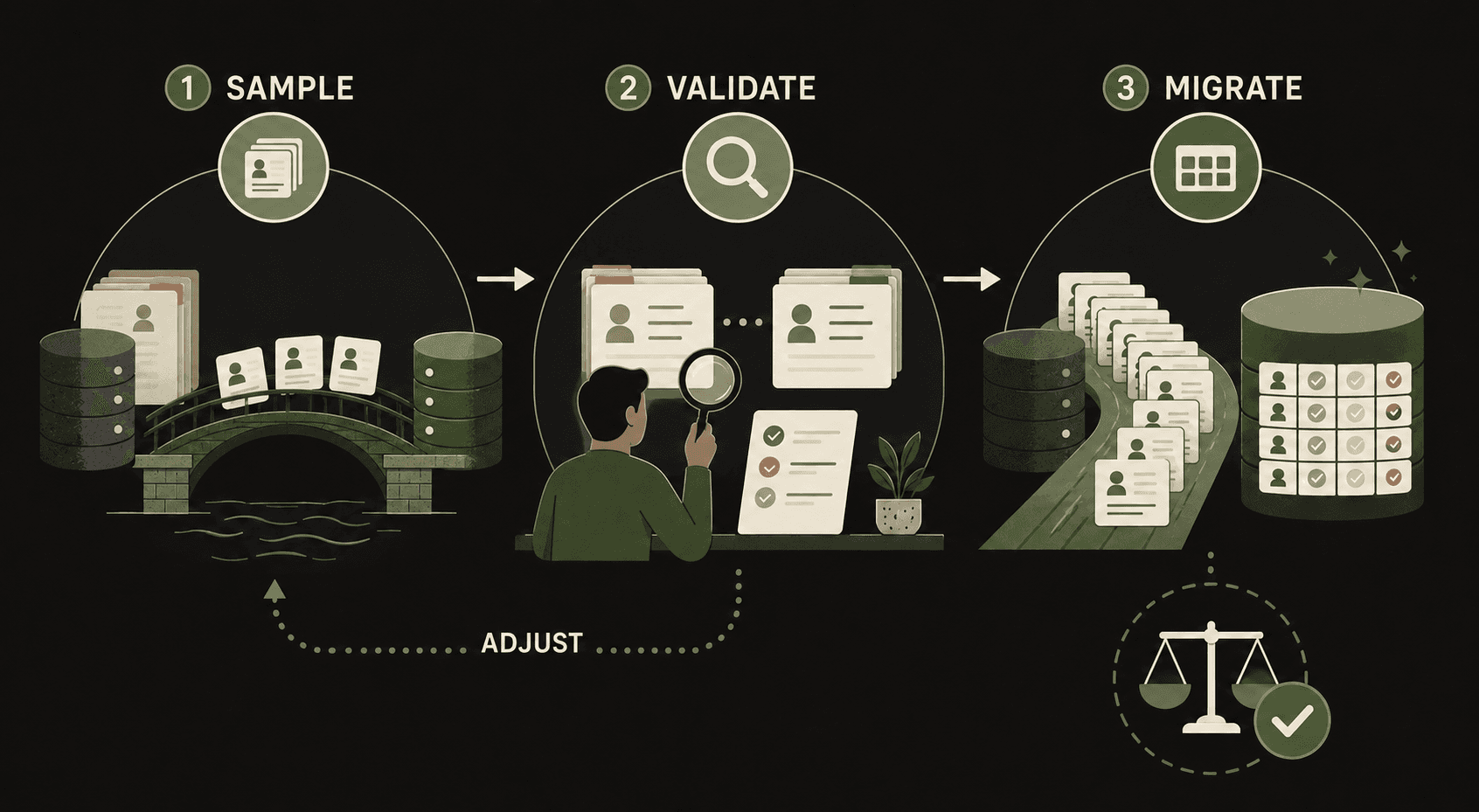 A three-pass CRM migration moves from sample to validation to full migration, with an adjustment loop.