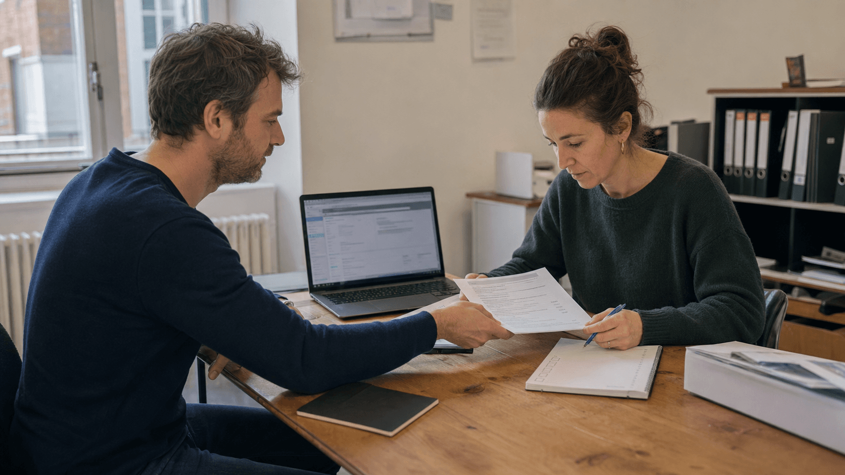 Two colleagues reviewing and accepting a customer handoff record together